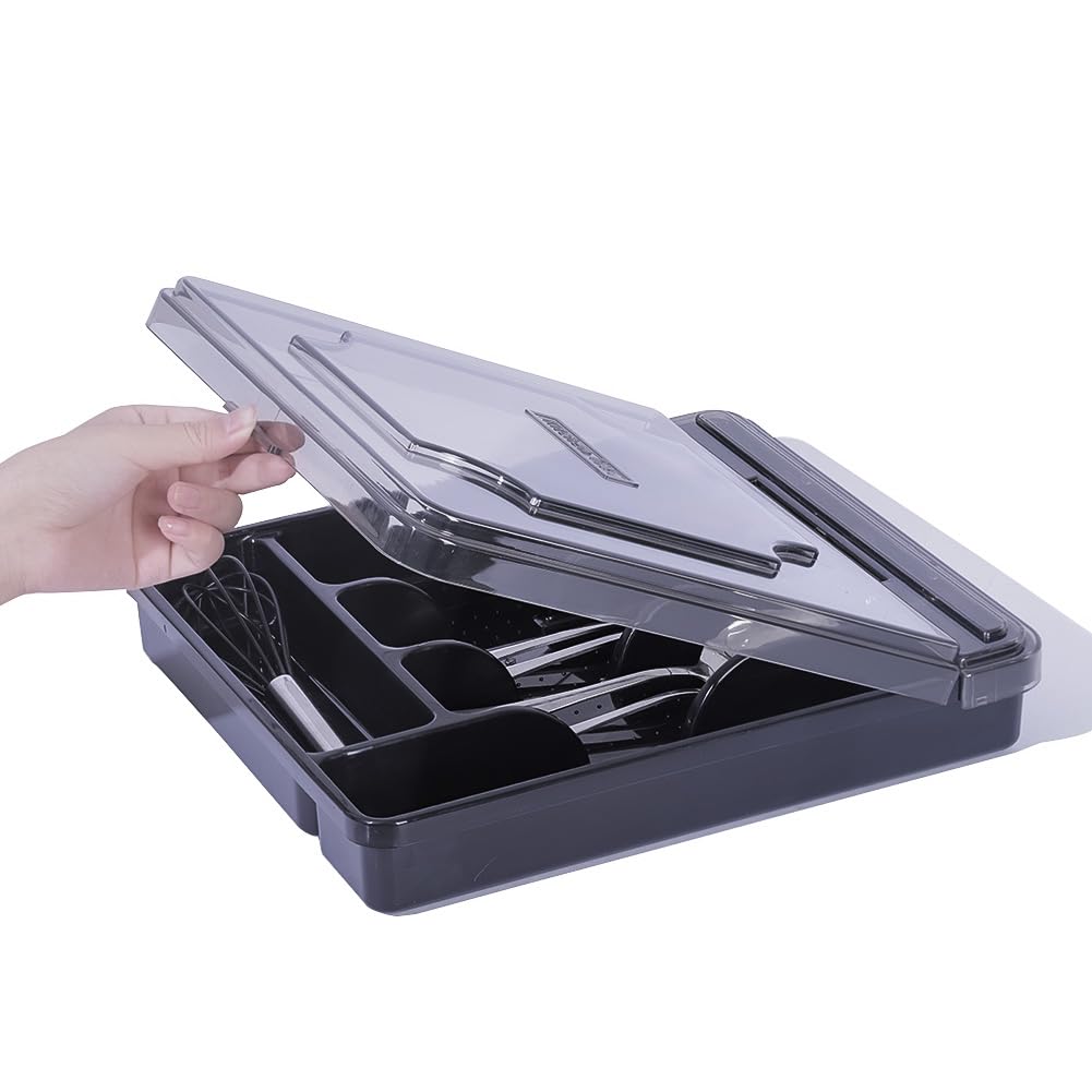 Maulehua silverware organizer with lid, top view, keeps forks and spoons neatly organized.
