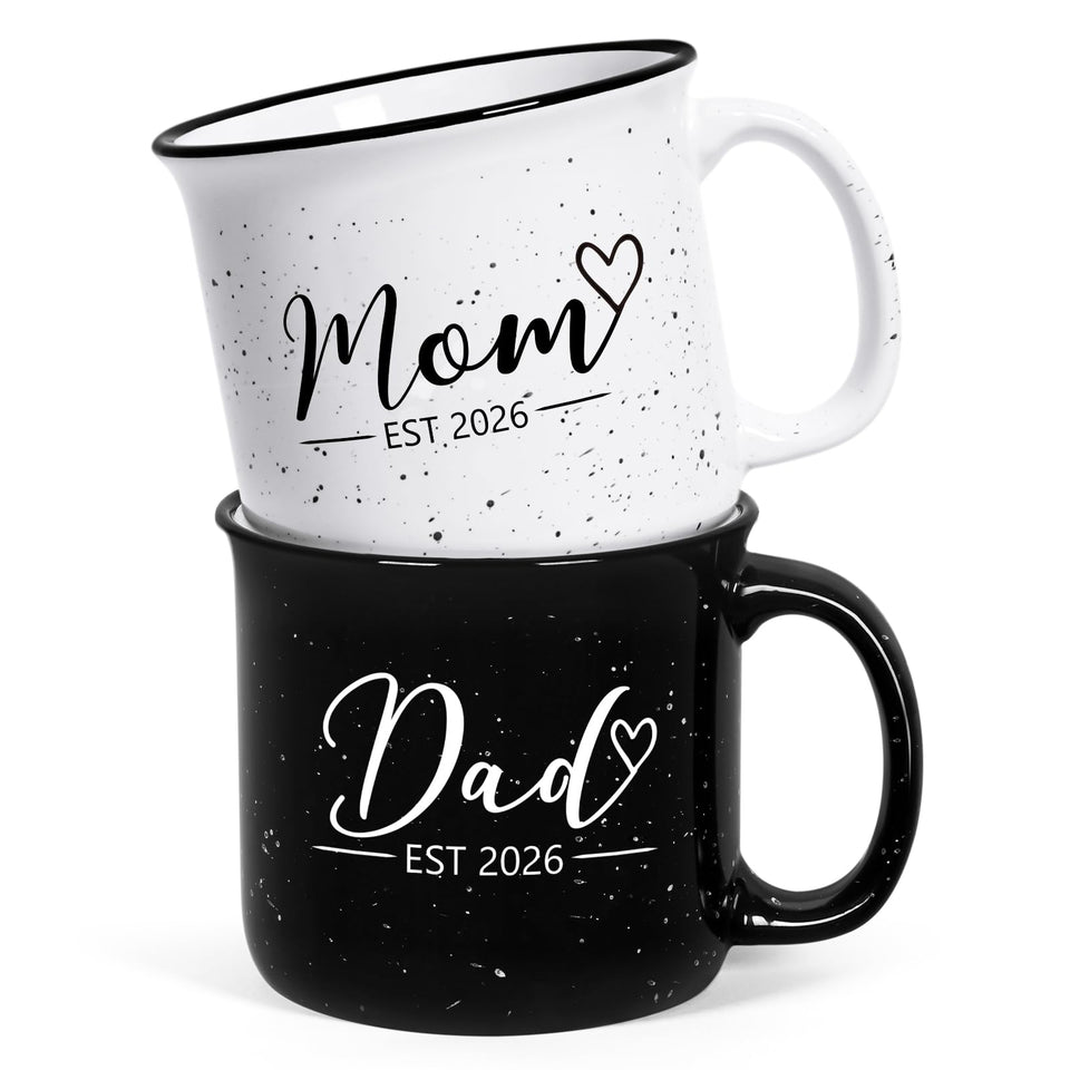Maustic Mom and Dad Mugs est 2026 displayed with enamel look for daily use