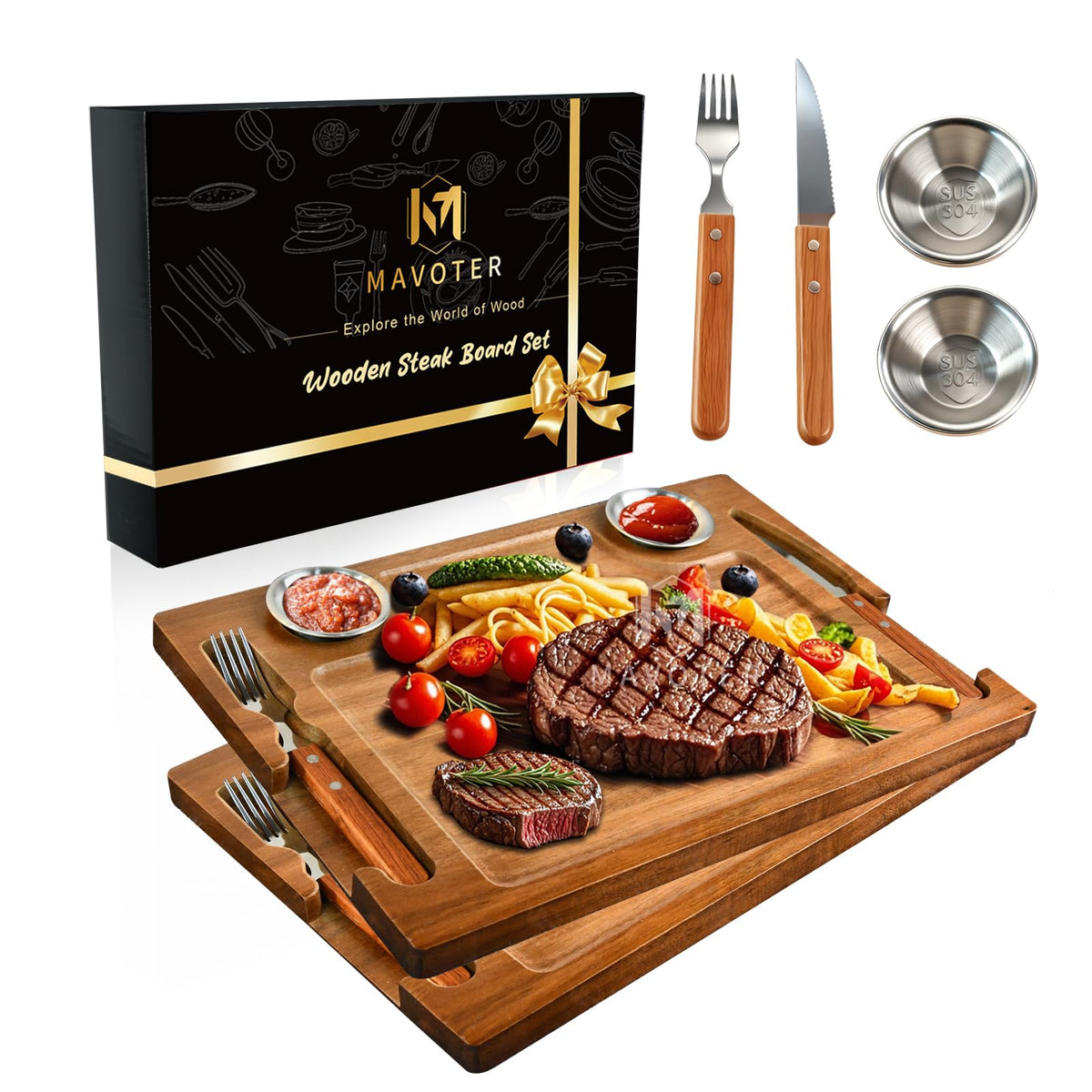MAVOTER acacia steak plate with knife-slot for organized dining