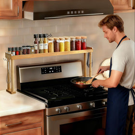 MAVOTER back-of-stove organizer with protective lips for stable storage.
