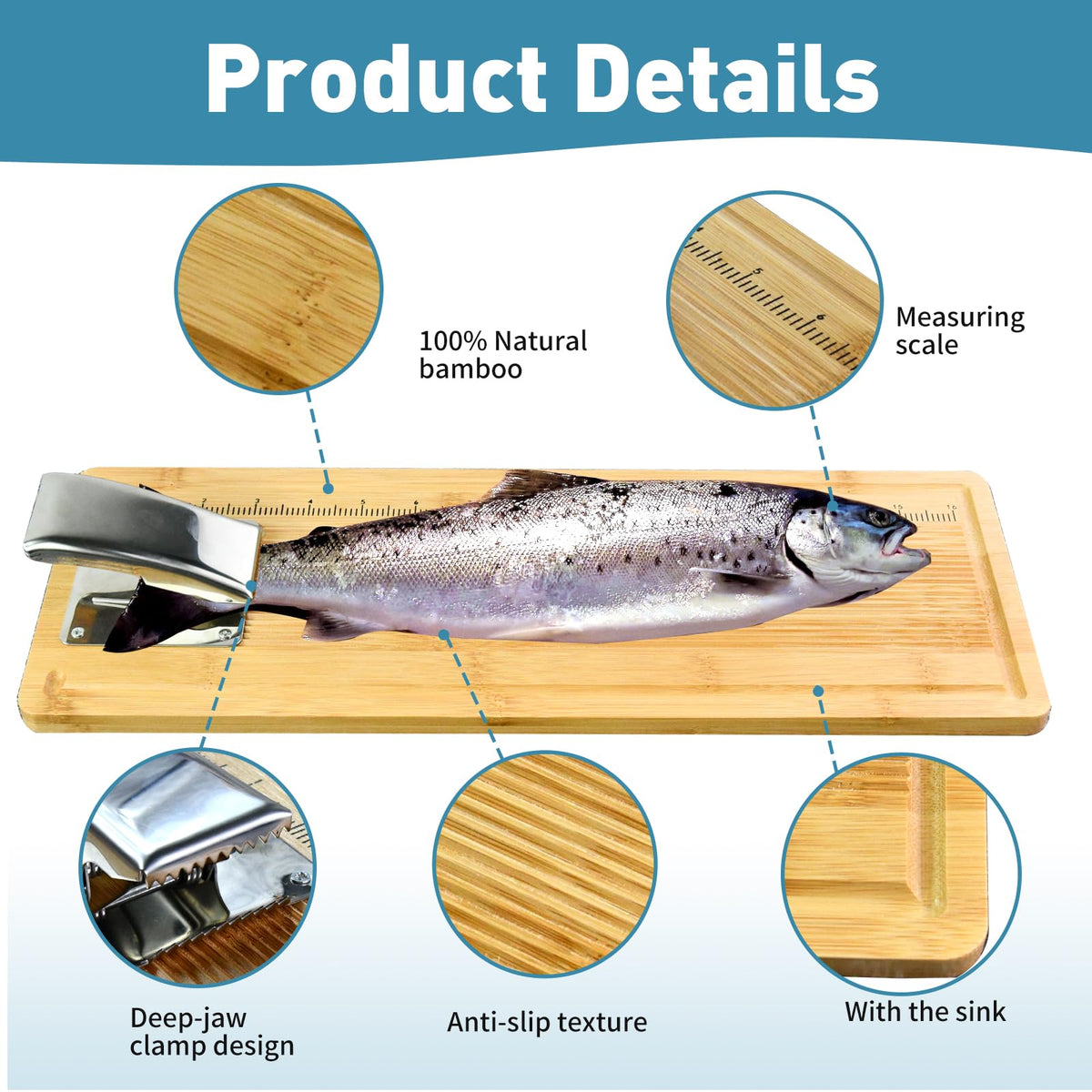 MAVOTER bamboo fillet board – deep-jaw clamp holds fish steady