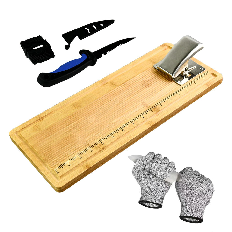 MAVOTER 18-inch bamboo fish cleaning board viewed top, sturdy and odor-free for filleting.