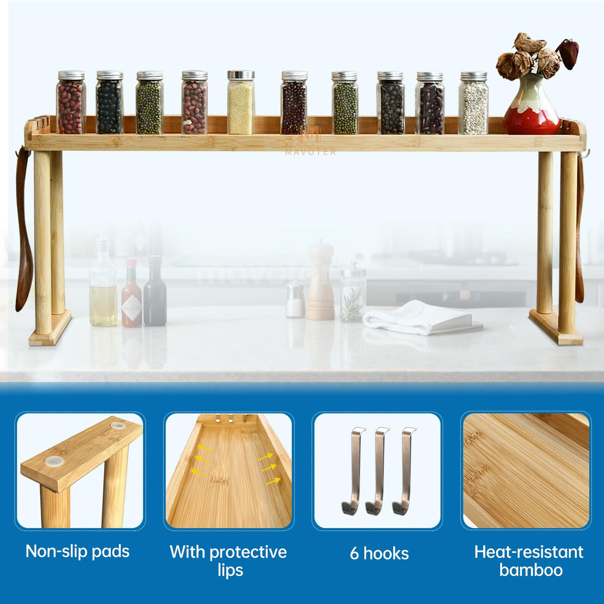 MAVOTER bamboo surface easy to wipe clean after cooking.