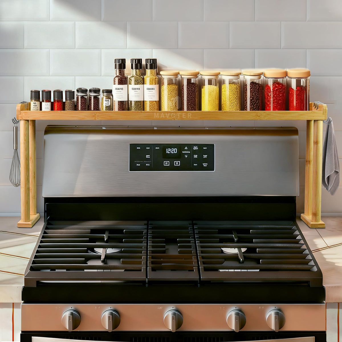 MAVOTER over-stove bamboo shelf for spices, space-saving kitchen organizer.