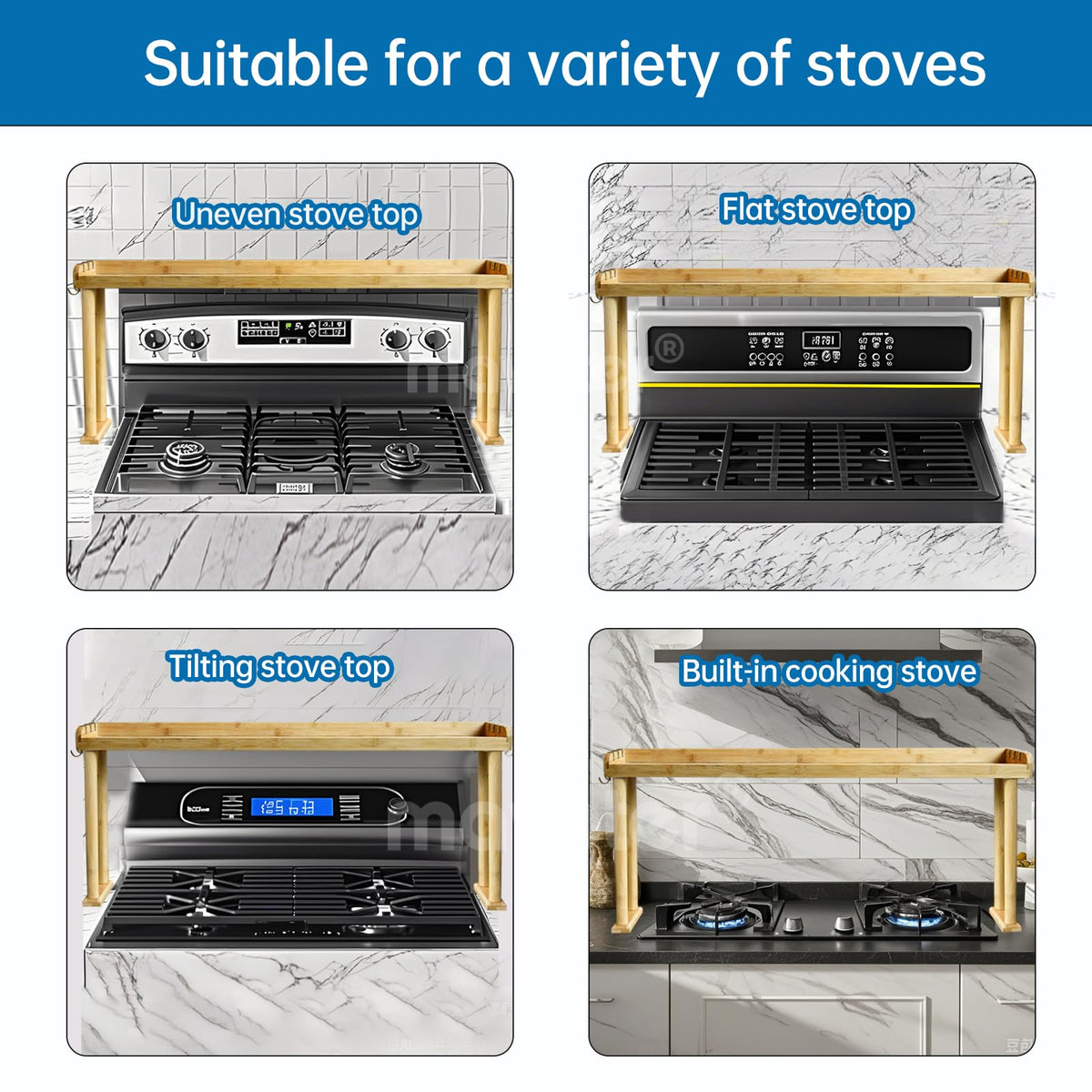 MAVOTER bamboo stove-top shelf shows durable, stylish kitchen storage.