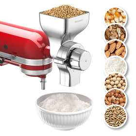 Mavouse all-metal grain mill attachment on a KitchenAid mixer for durable grinding.