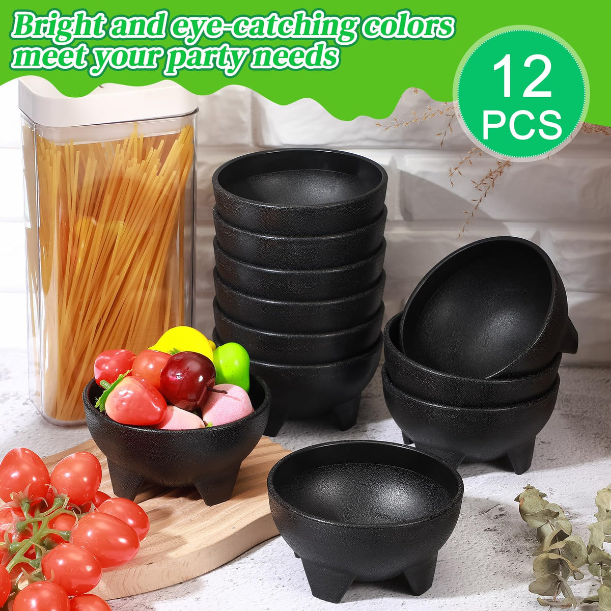 Maxcheck black serving bowls enhance table presentation during parties.