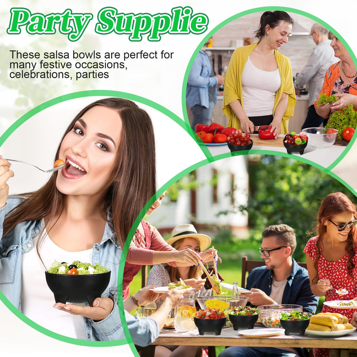 Maxcheck party serving bowls black durable plastic for salads, dips, and snacks.