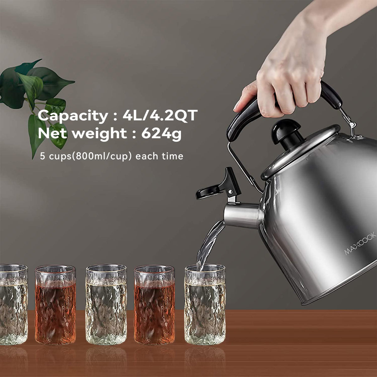 MAXCOOK tea kettle with cool-touch handle for safe pouring.