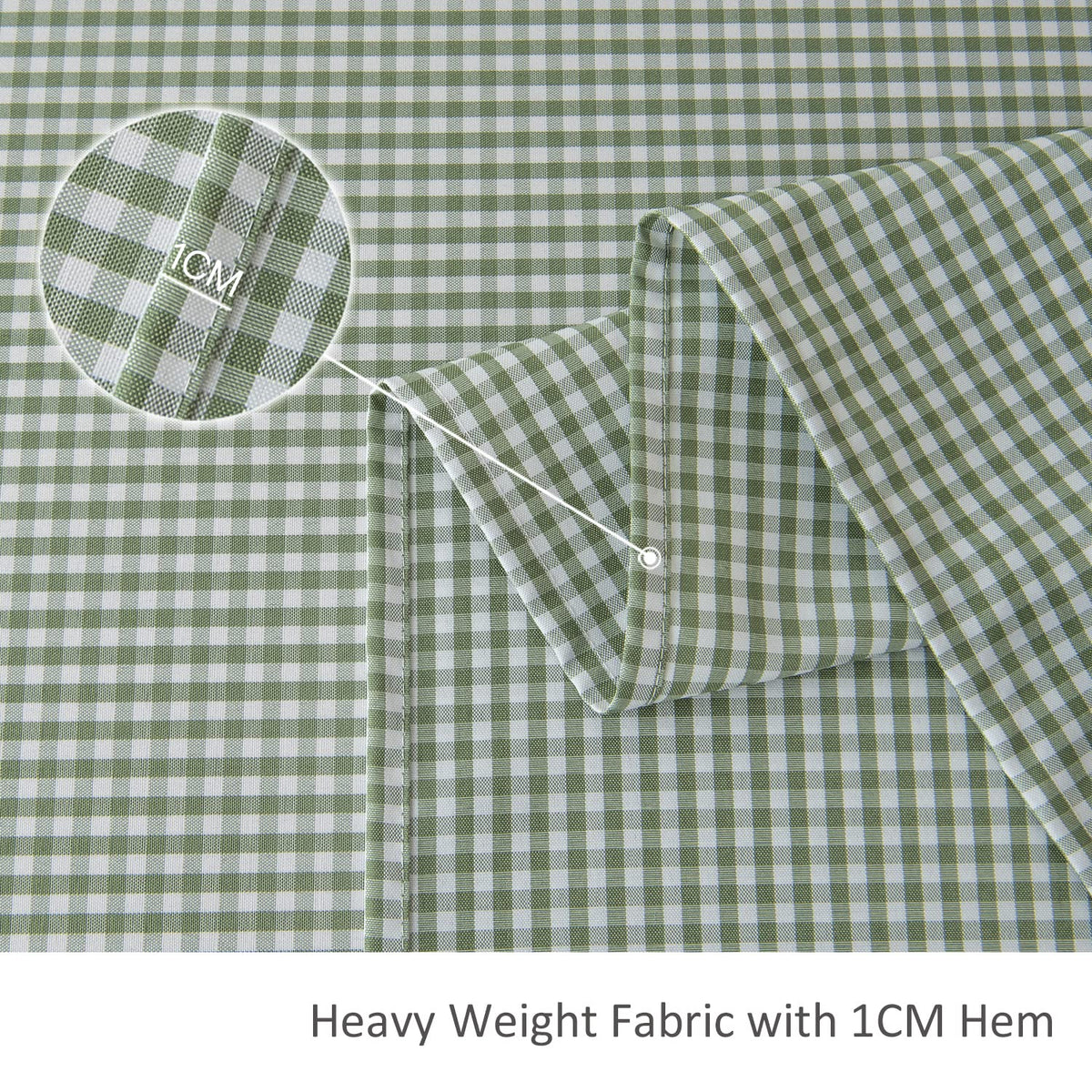 Maxmill gingham plaid tablecloth with folded border and fine stitching