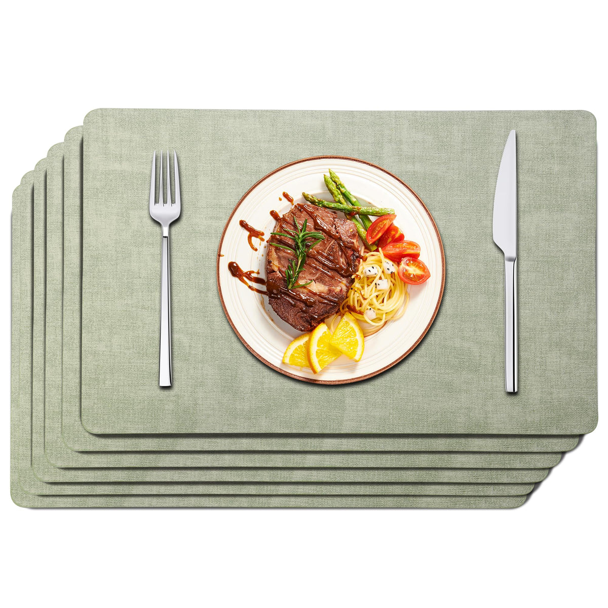 Maxpearl faux leather placemats in sage green for elegant everyday dining.