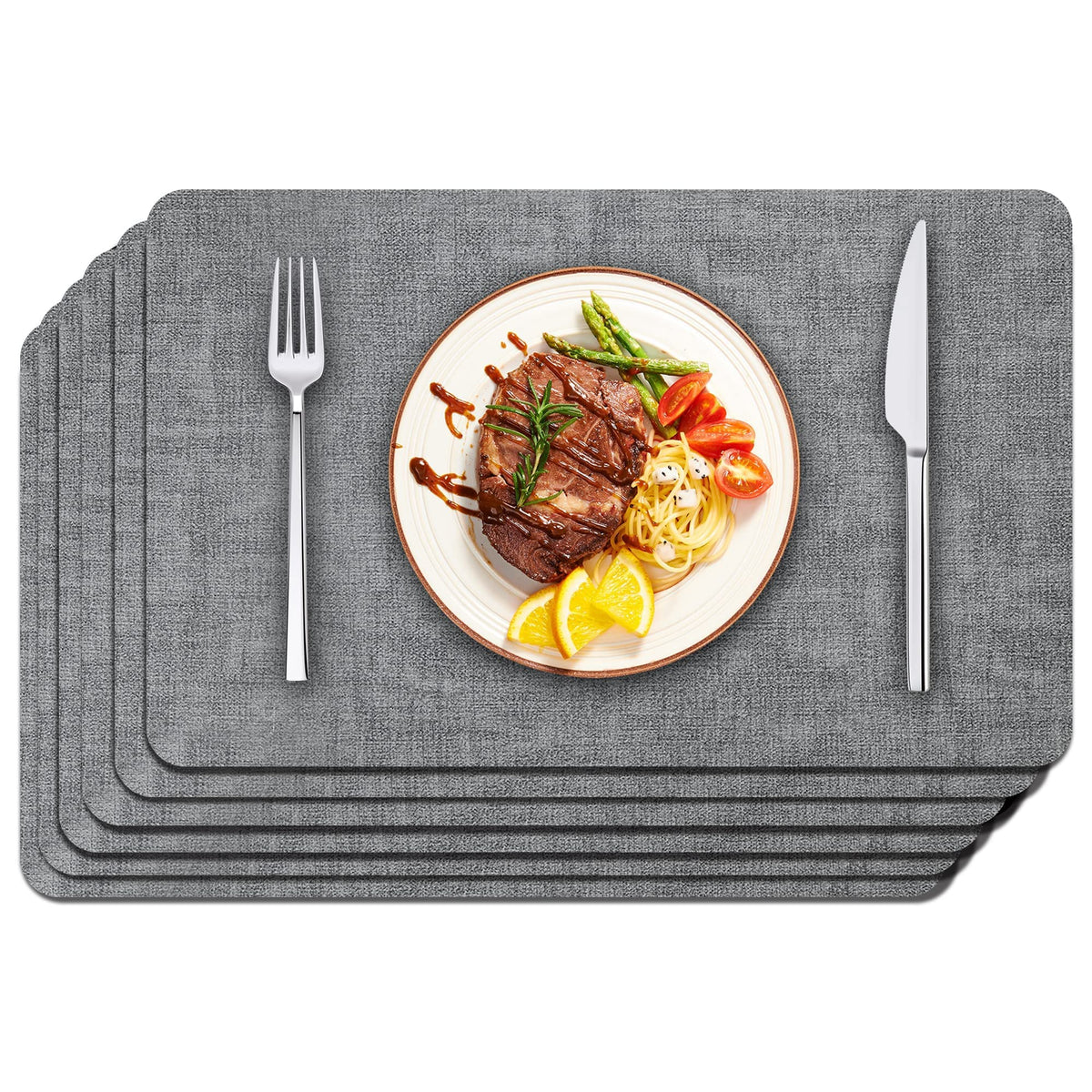 Maxpearl faux leather placemats protect the table while adding subtle grey style.