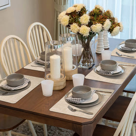 Maxpearl beige placemats protect surfaces with waterproof surface.