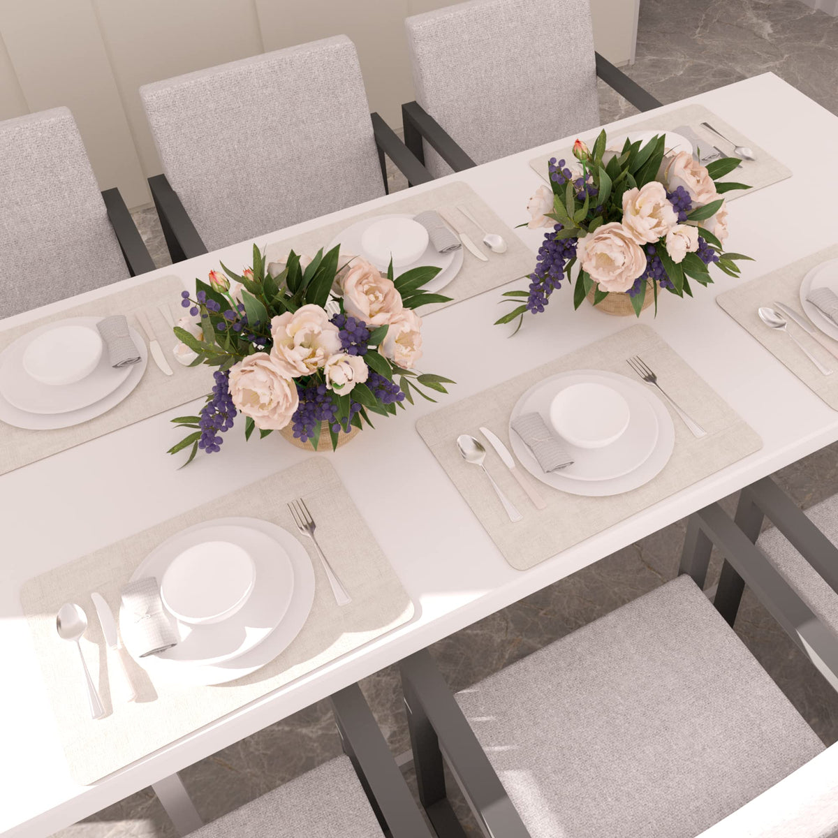 Maxpearl wipe-clean beige placemats are easy to reset after spills.