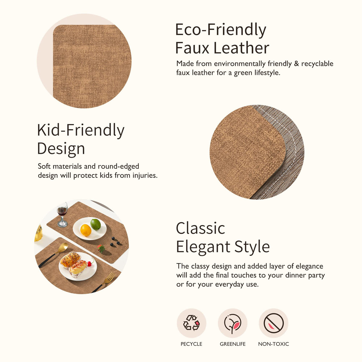 Maxpearl faux leather mats provide anti-slip surface for stable place settings.