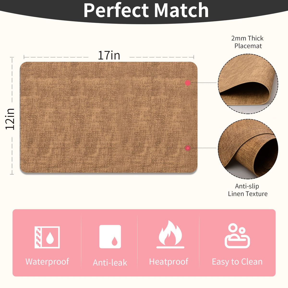 Maxpearl placemats feature durable coating resisting spills and stains.