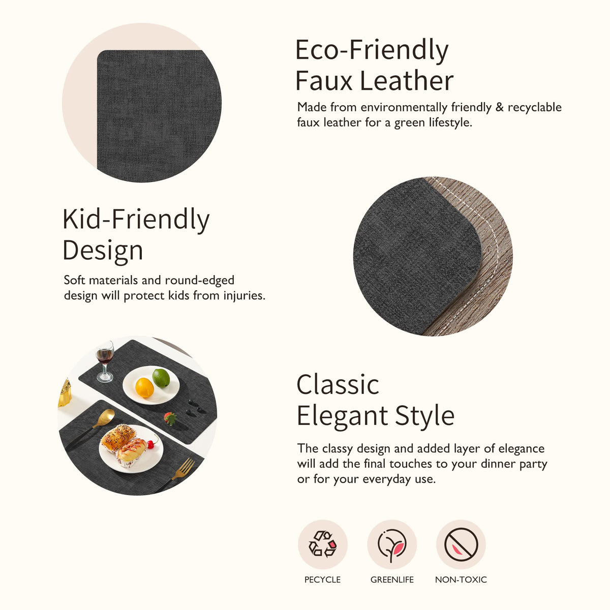 Maxpearl textured faux leather placemats offer a rich look with practical protection.