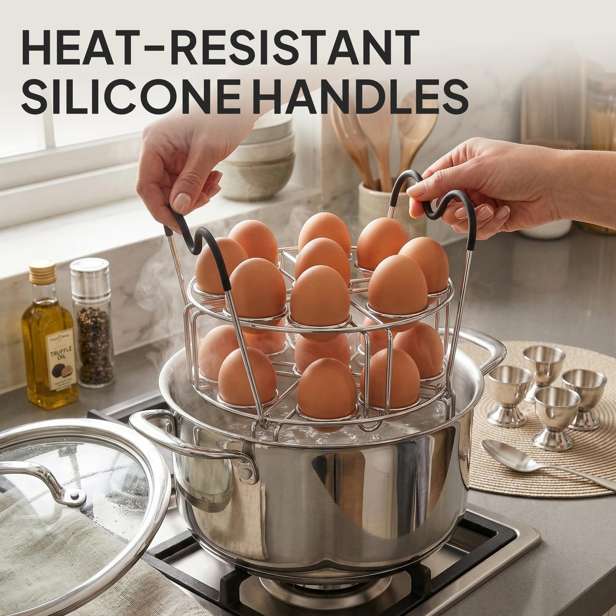 Maxracy 9-hole design evenly spaces eggs for uniform cooking.