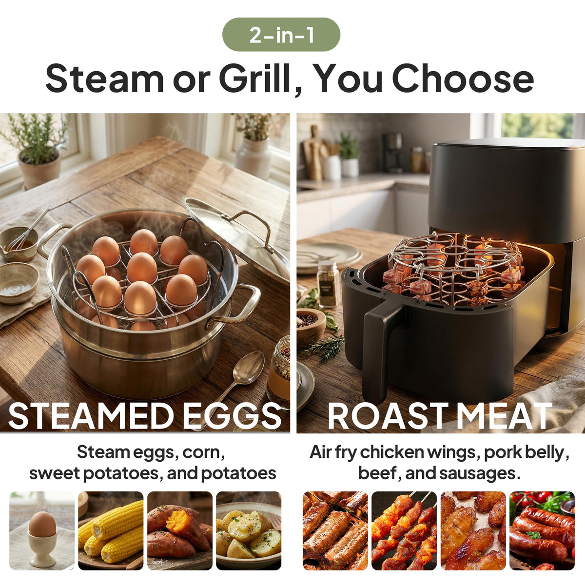 Maxracy egg steamer rack in a 6qt/8qt Instant Pot setup for efficient steaming.