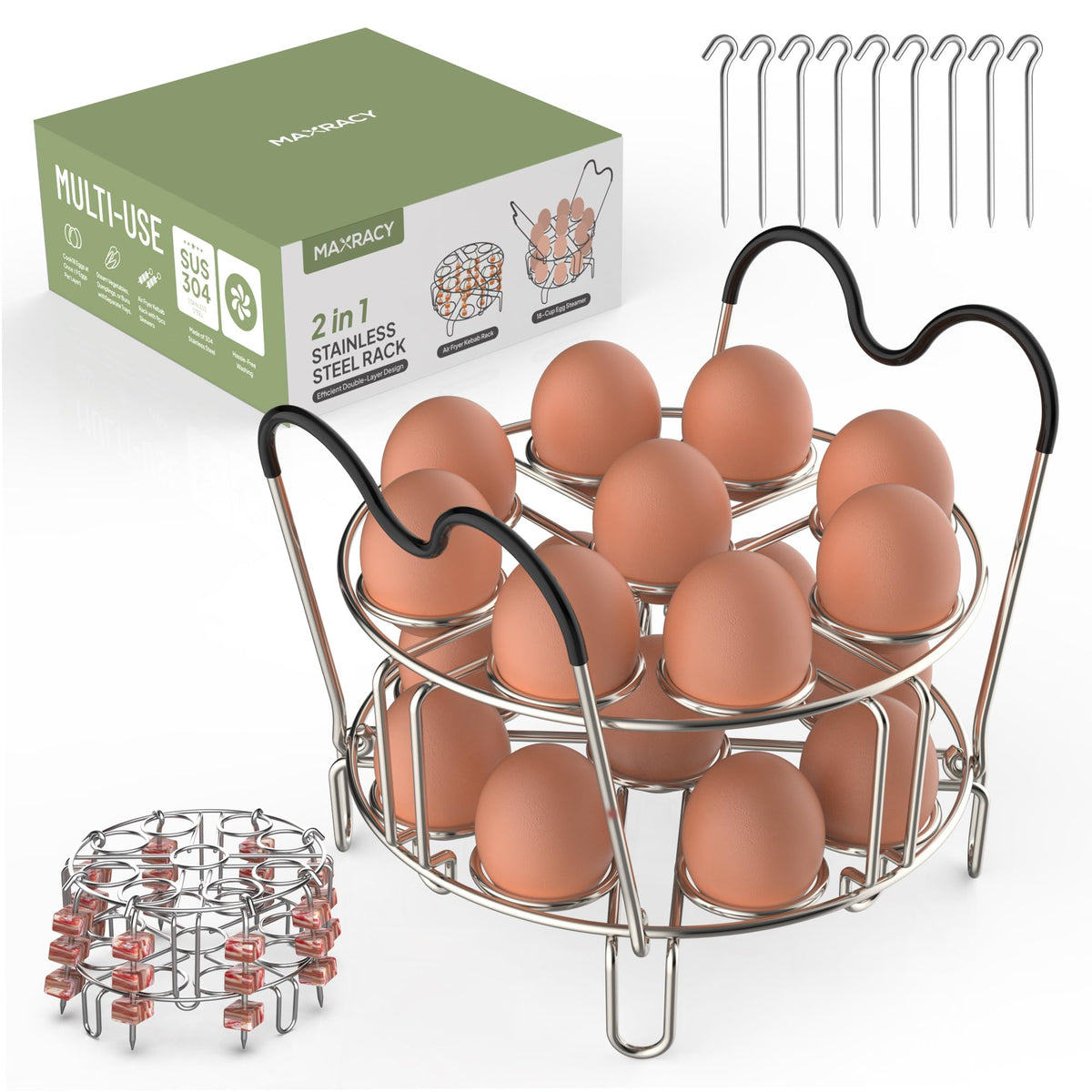 Maxracy stackable egg steamer rack with handles safely lifting up to 18 eggs.