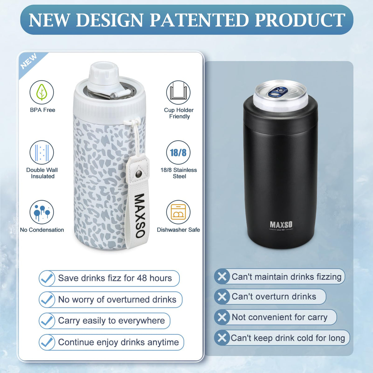 MAXSO leopard cooler with double-wall vacuum insulation keeps drinks cold.