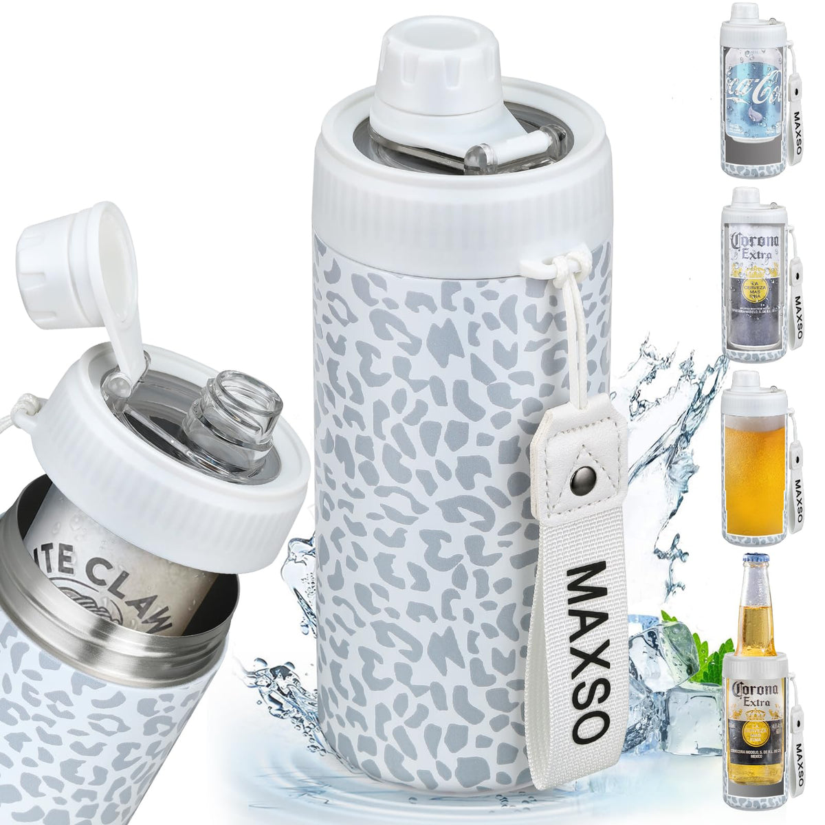 MAXSO sealed can cooler with fizz lid, leopard pattern, keeps drinks fizzy.