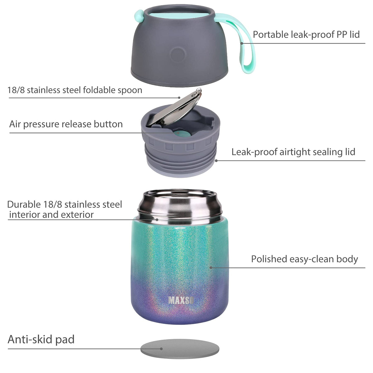 MAXSO Soup Thermo built-in spoon for convenient all-in-one lunch.