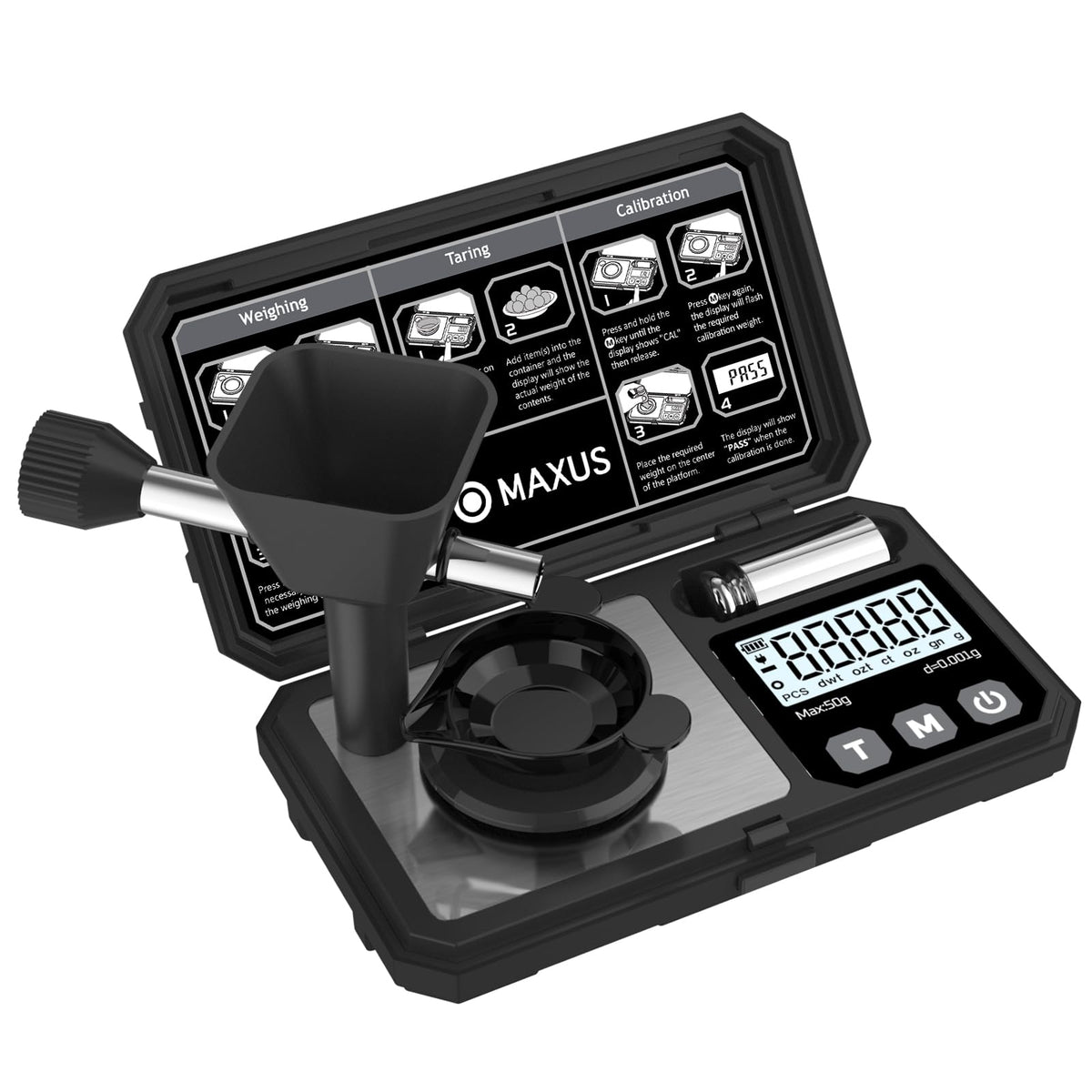 MAXUS digital milligram scale display showing precise 0.001 g measurements for small parts.