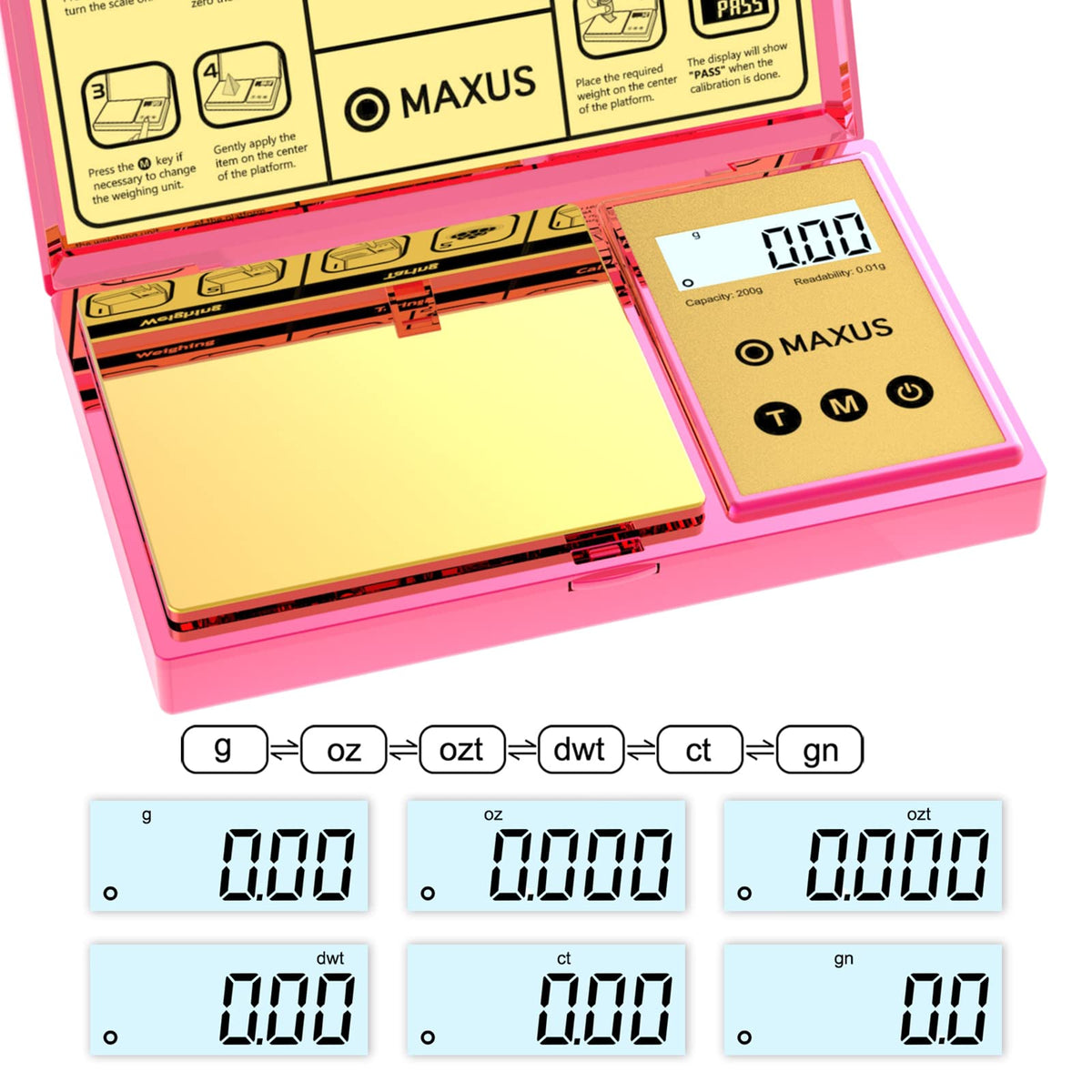 MAXUS compact pocket scale showing 200 g capacity for jewelry and herbs.
