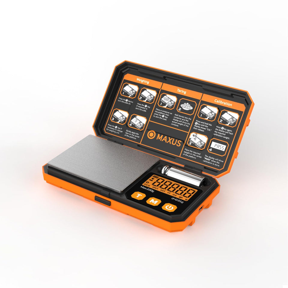 MAXUS pocket scale front view showcasing the backlit display for easy readings.