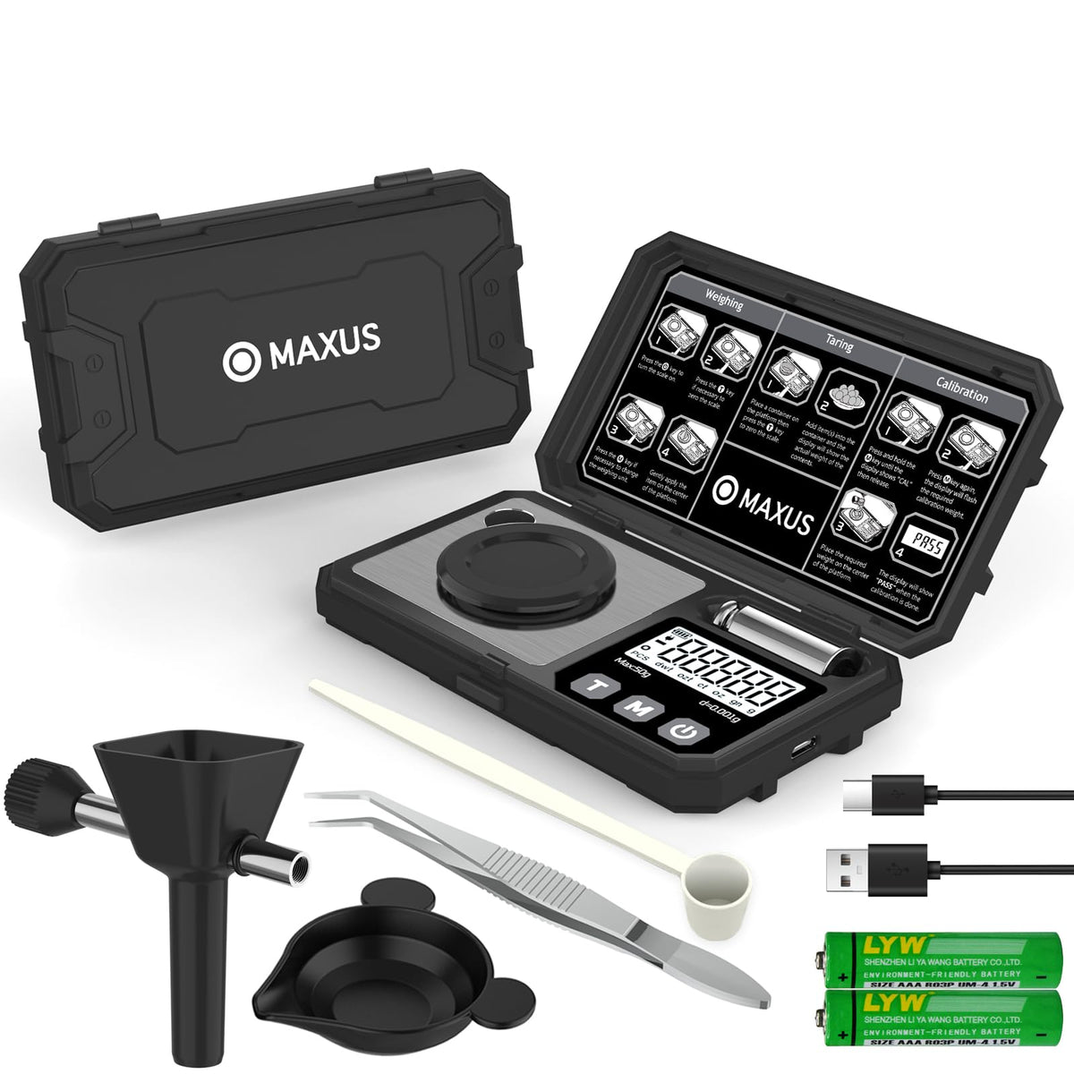 MAXUS powder trickler accessory shown for precise dispensing.