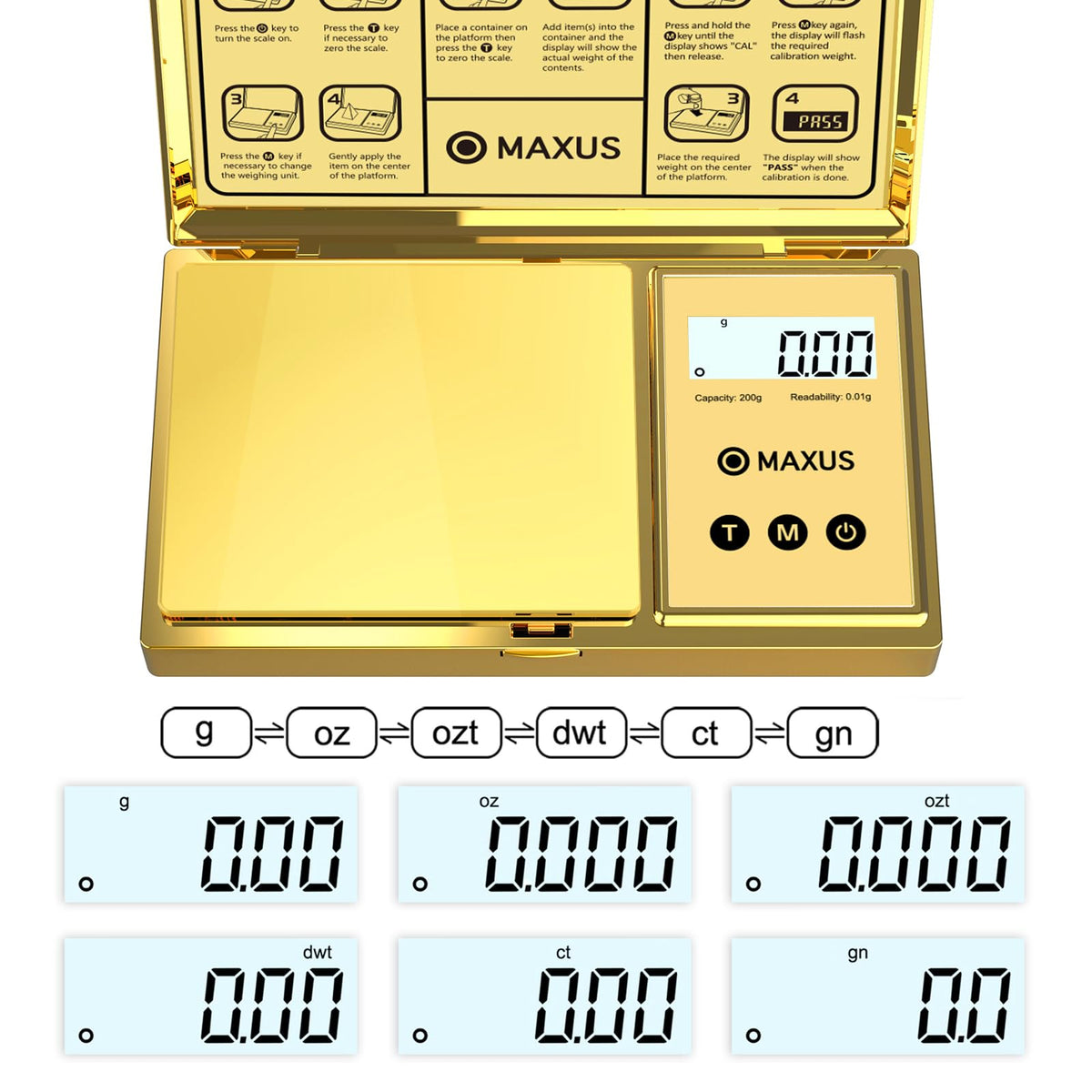 Backlit display with large digits on the MAXUS scale in low light.