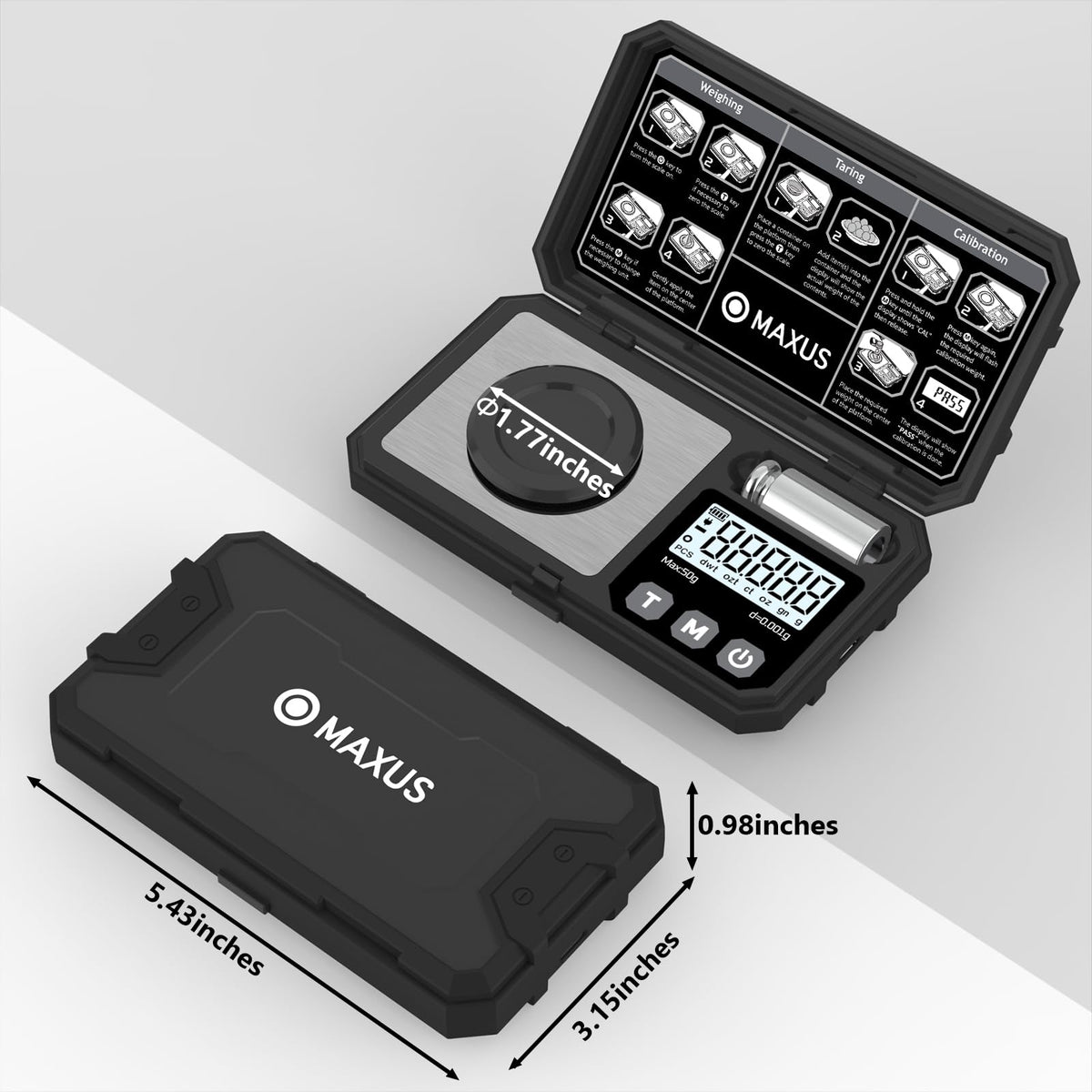 MAXUS scale offers g, oz, ozt, dwt, ct, gn options for flexible measurement.