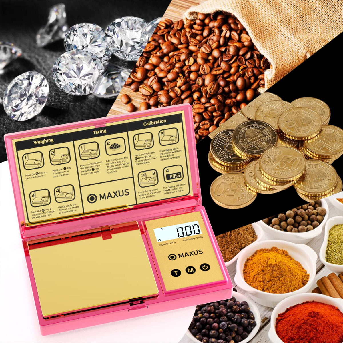 MAXUS scale with stainless platform ensures clean weighing of powders.
