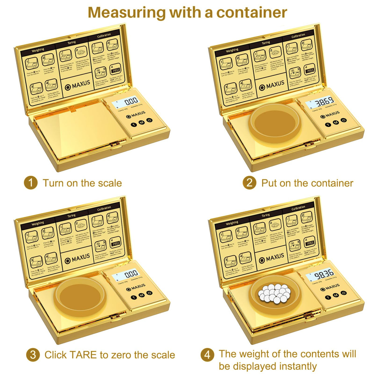 Tare function to zero containers for accurate ingredient measurements.