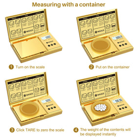 Tare function to zero containers for accurate ingredient measurements.