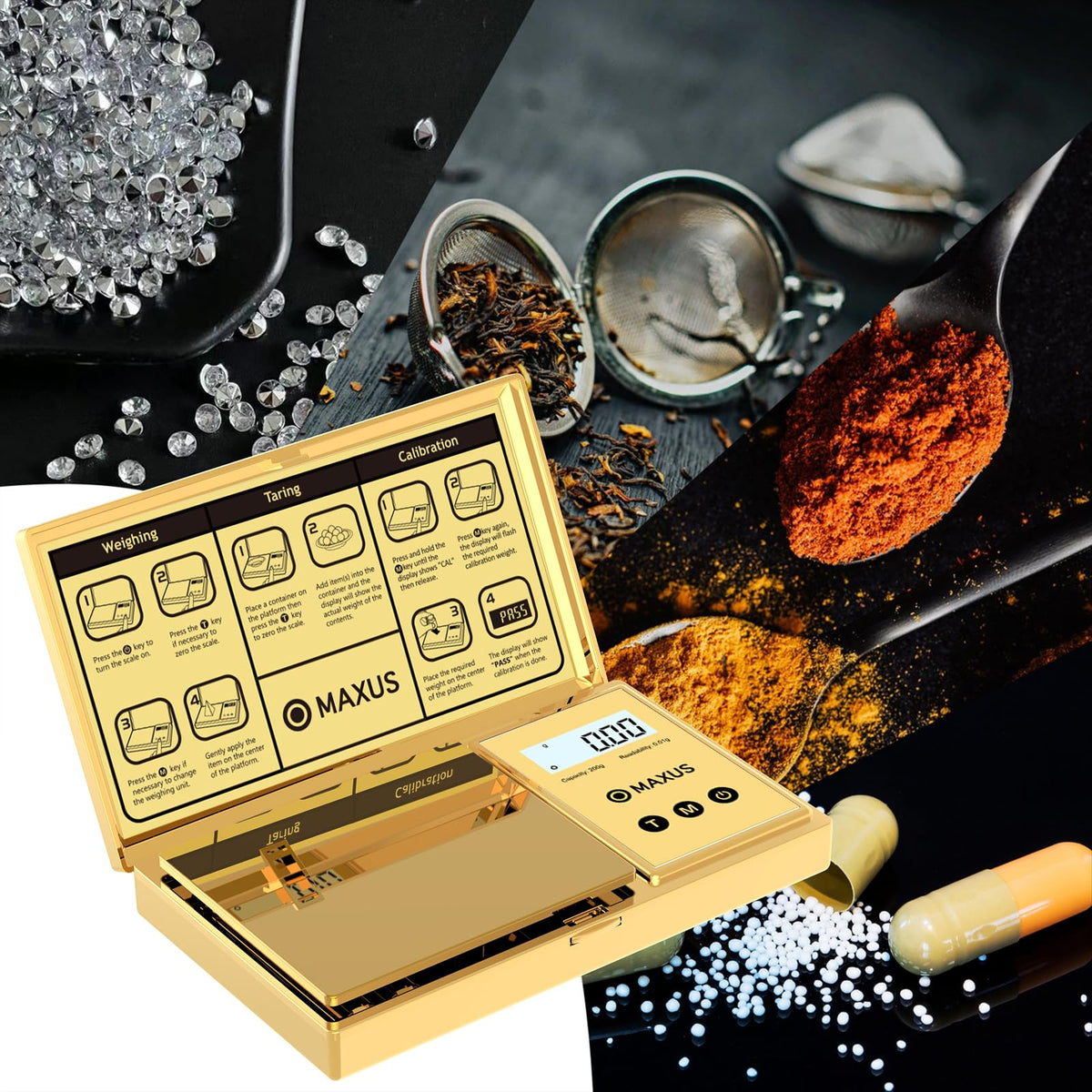 Six unit modes: grams, ounces, grains, troy ounces, carats, pennyweights.