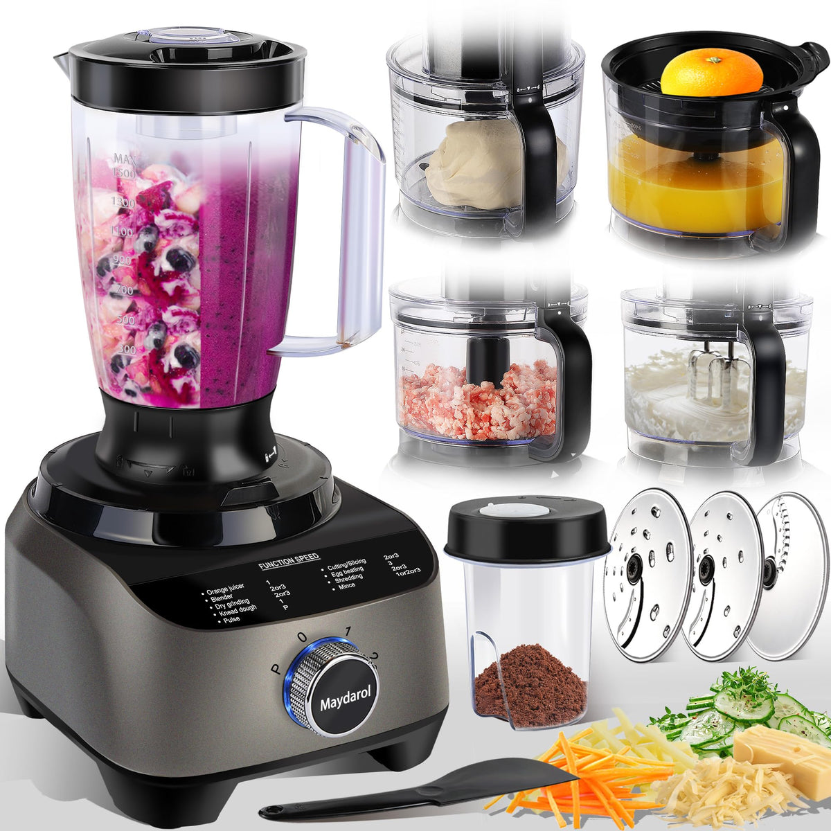 Maydarol 11-in-1 food processor blender attachment for versatile prep.