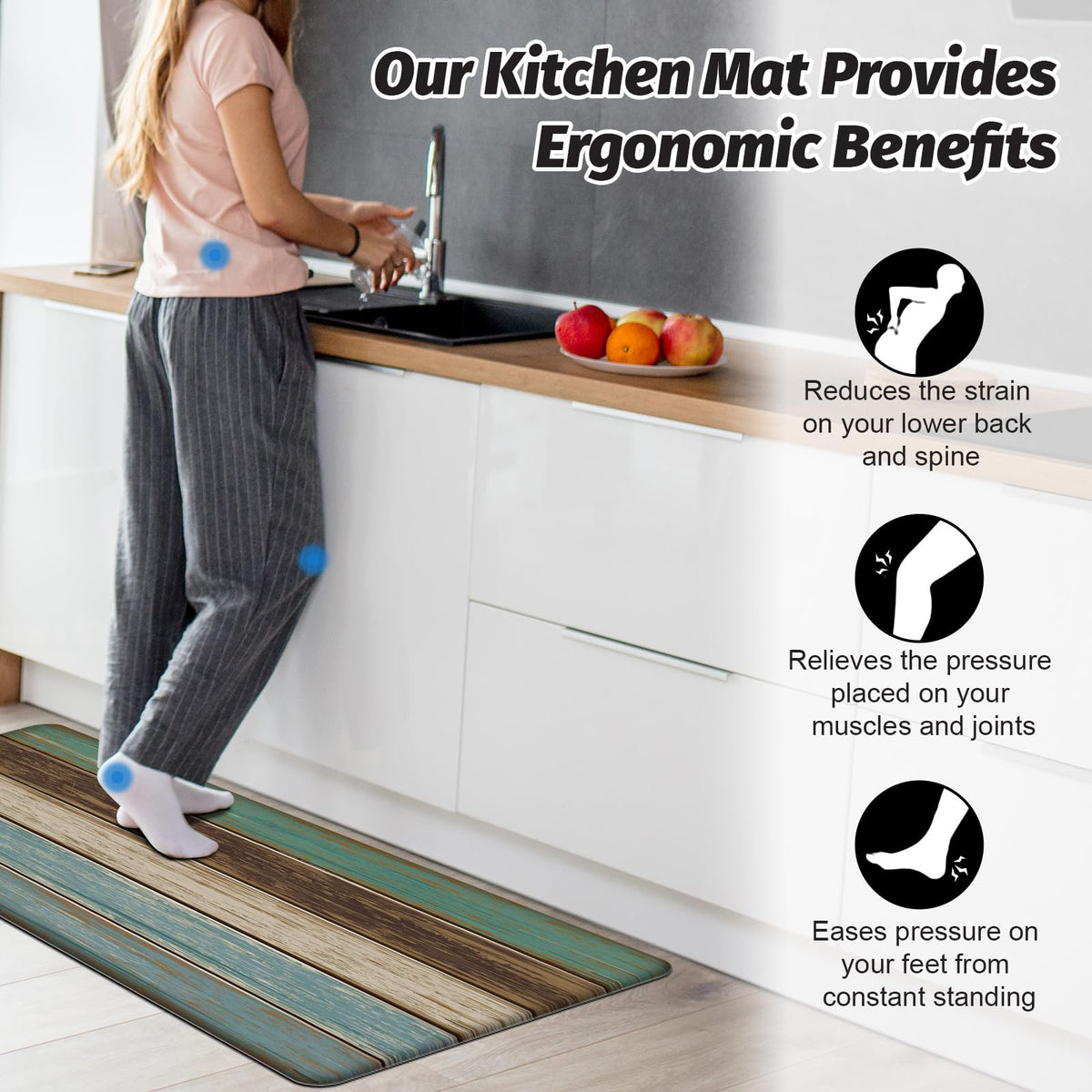 MAYHMYO teal 17x29 mat with rustic wood texture enhances kitchen decor.