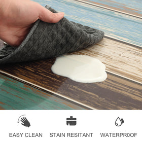 MAYHMYO teal kitchen mat with non-slip backing stays in place.