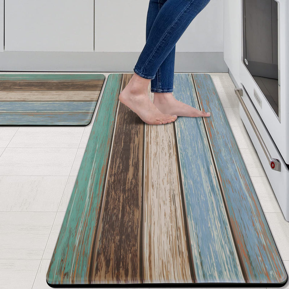 MAYHMYO kitchen mats two-piece teal farmhouse set for anti-fatigue comfort.