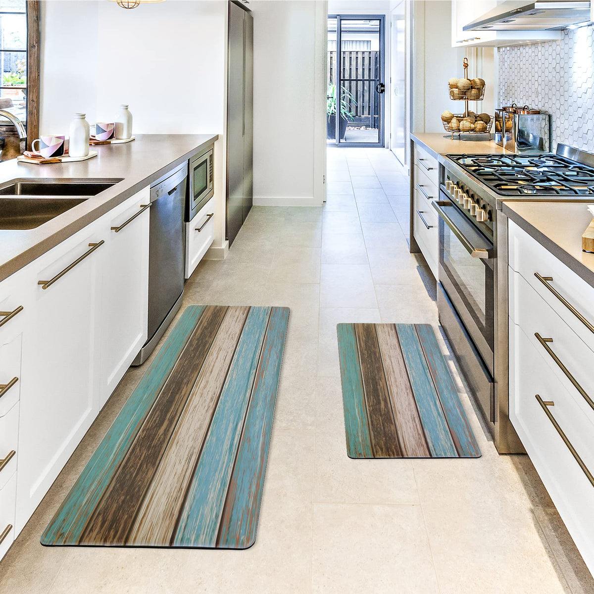 MAYHMYO teal rug-style mats add farmhouse charm and comfort.