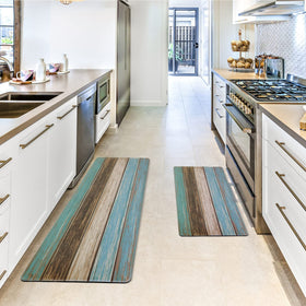 MAYHMYO teal rug-style mats add farmhouse charm and comfort.