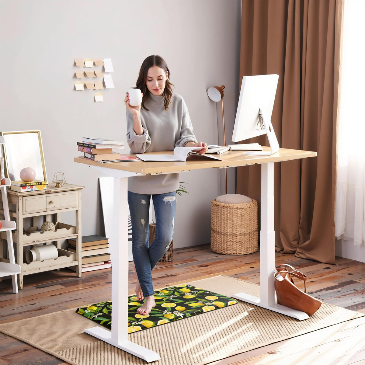 MAYHMYO lemon kitchen mat used at an office desk for ergonomic support