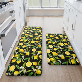 MAYHMYO lemon kitchen mat set in black, two-pack enhances floors with citrus decor