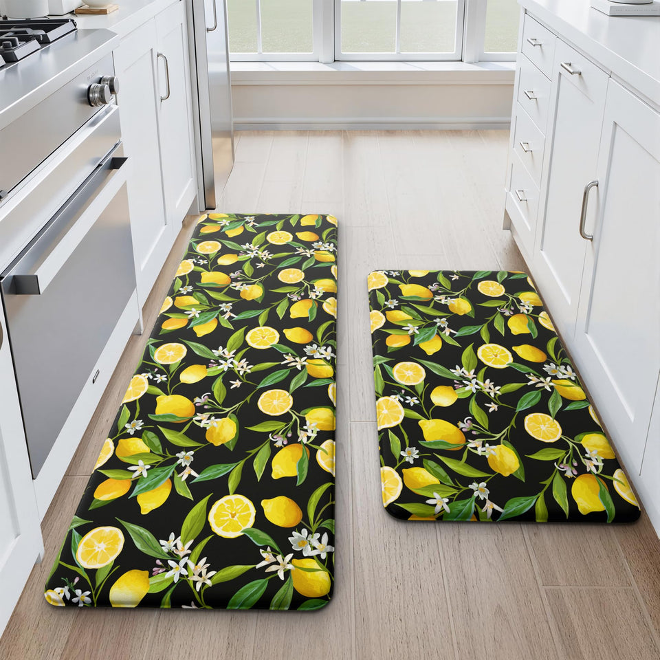 MAYHMYO lemon kitchen mat set in black, two-pack enhances floors with citrus decor