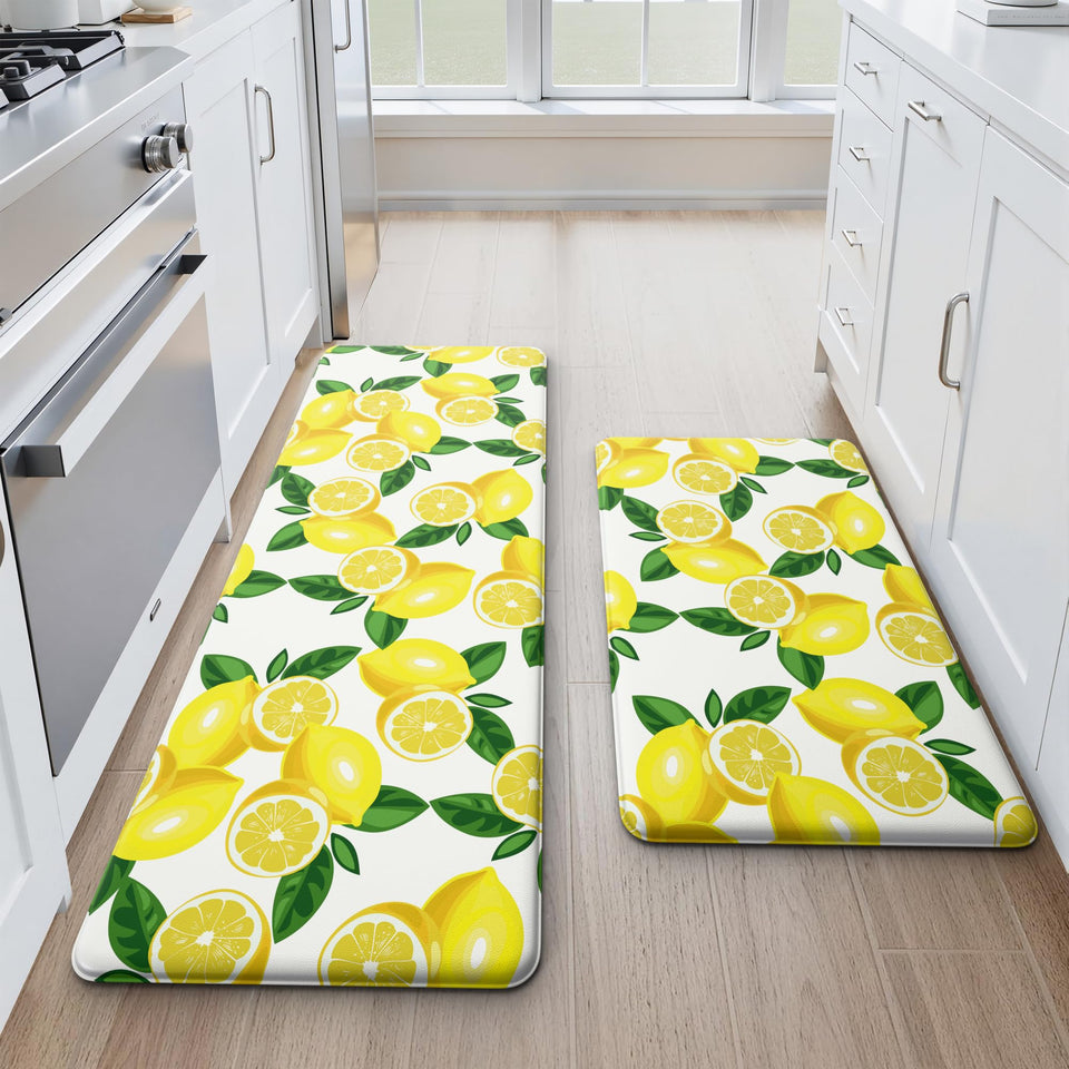 MAYHMYO lemon kitchen mat set of two—overview with cheerful décor and cushioned comfort