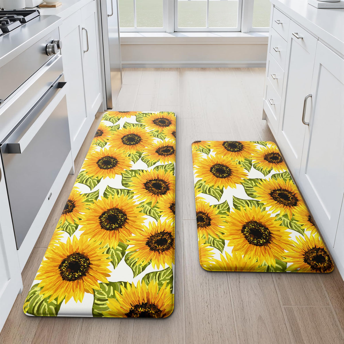 MAYHMYO Sunflower kitchen mat front view adds cheerful color and comfort while you cook.