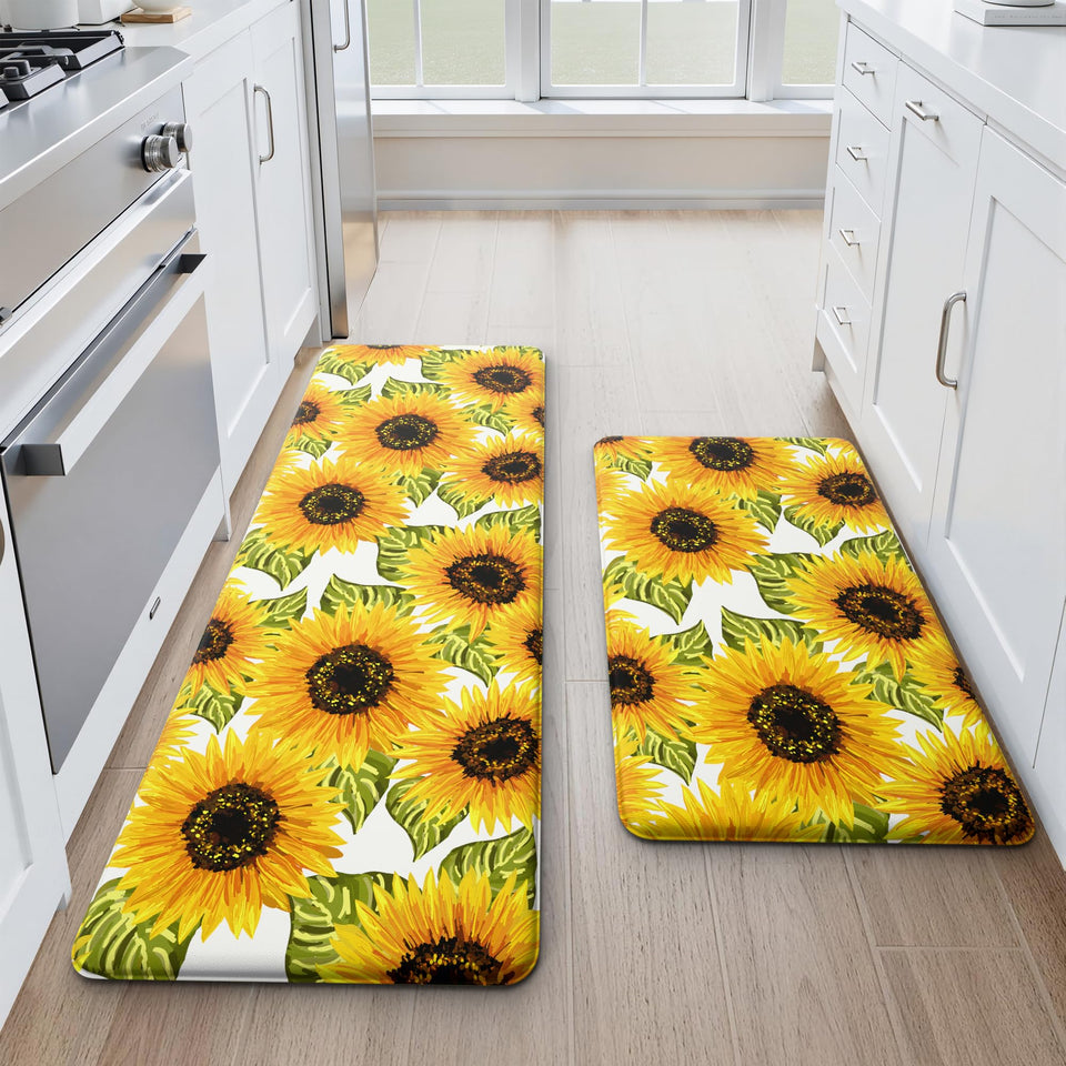 MAYHMYO Sunflower kitchen mat front view adds cheerful color and comfort while you cook.