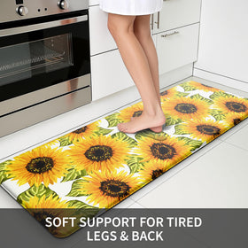 MAYHMYO Sunflower kitchen mat long view illustrates extended coverage for kitchen or workspace.